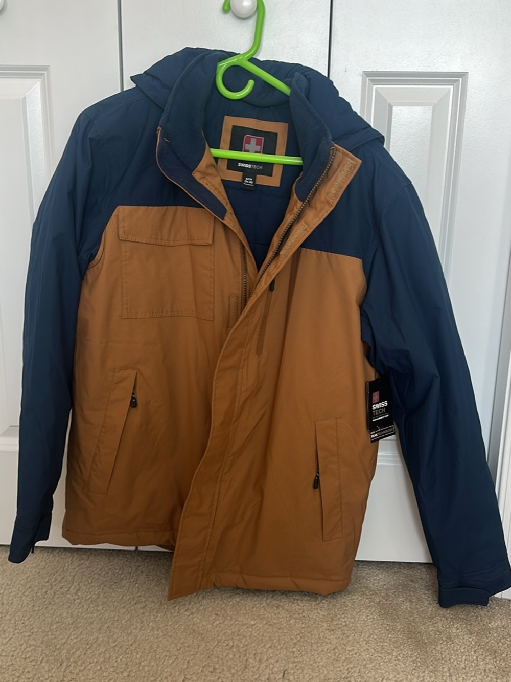 Swiss Tech Men's Hooded Two-Tone Navy and Brown Puffer Jacket